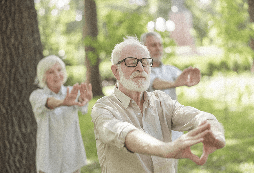 Three seniors practicing yoga outdoors in daylight, surrounded by nature