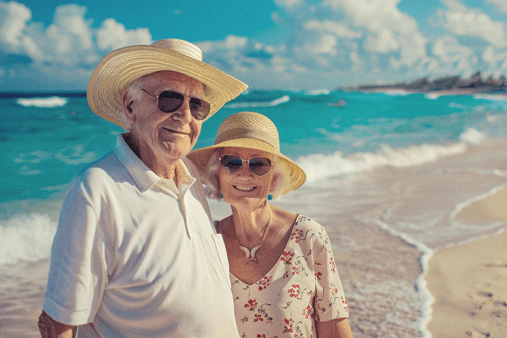 old couple smiling at the beach shore